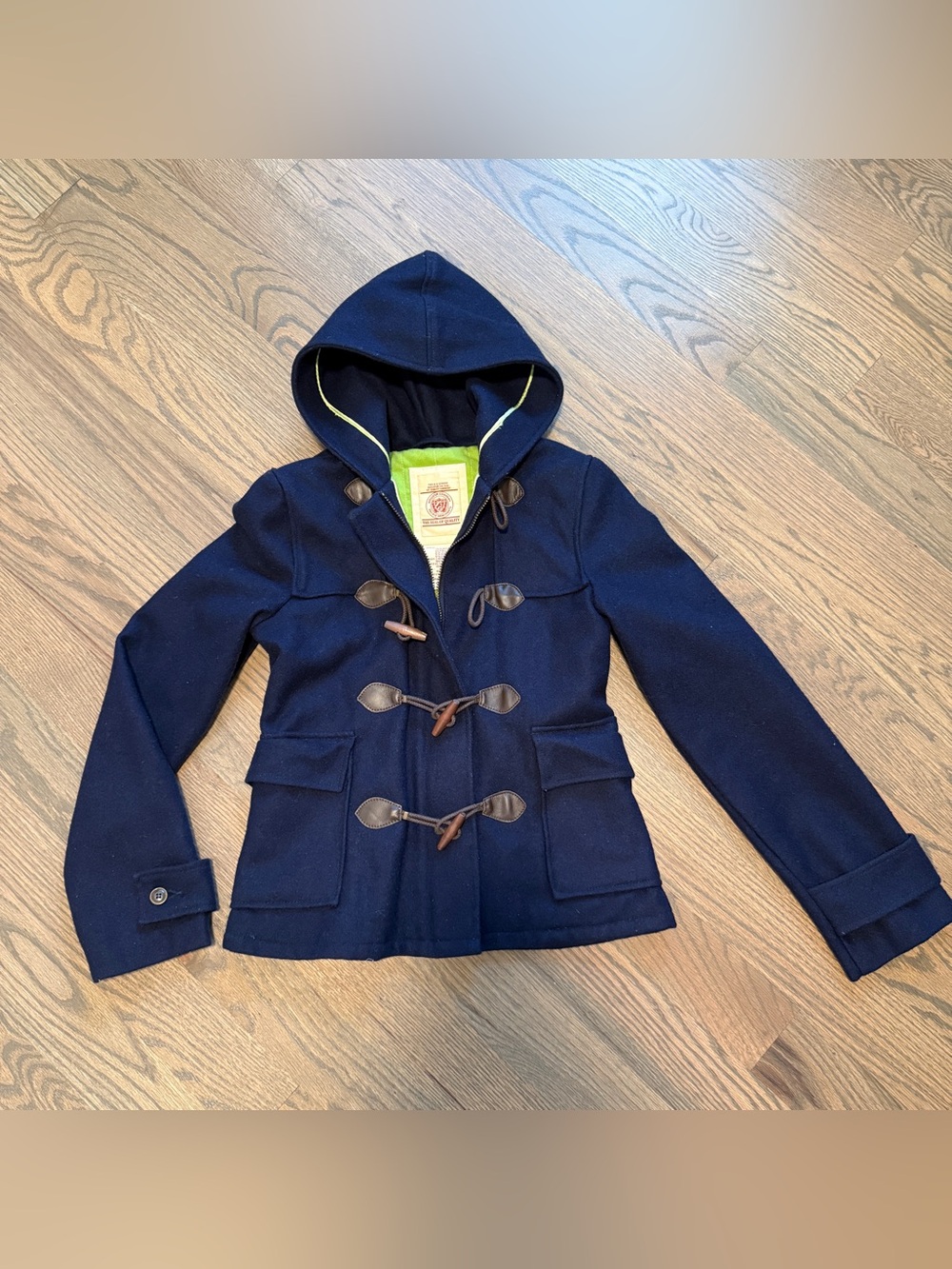 VTG Y2K Hollister ✅ Wool Toggle Coat Women M Blue Lime Hooded Jacket Duffle GUC